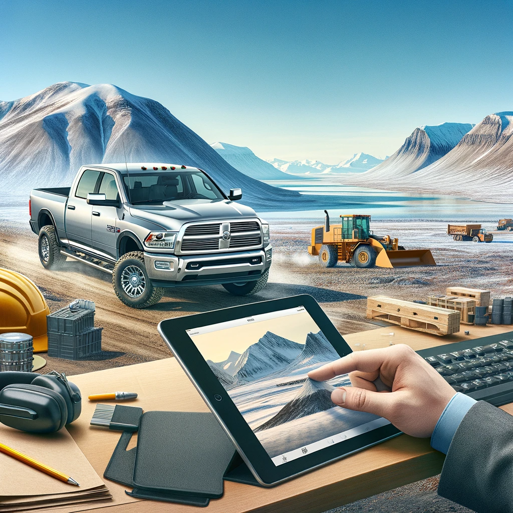 A construction manager in work attire uses a tablet to select a Dodge Ram 2500 for rental, with the rugged, snow-covered landscape of Inuvik and construction equipment in the background.