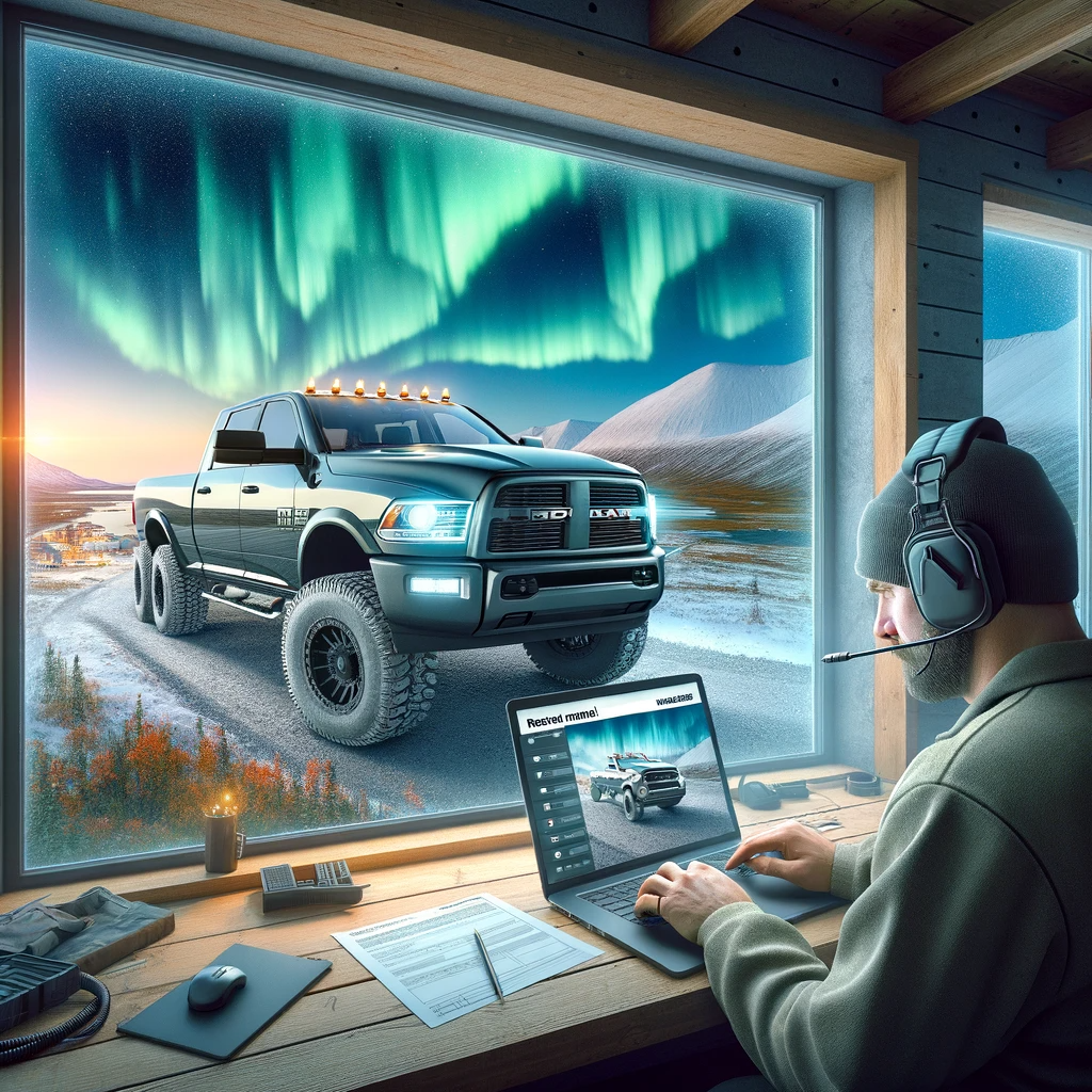 Inside a site office, a construction professional fills out a rental form on a rugged laptop, with a window view showcasing the Northern lights over Inuvik, symbolizing the blend of work and the natural beauty of the region.