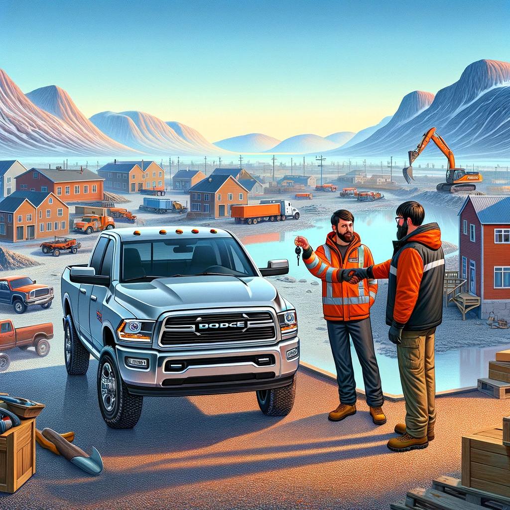 A rental agency employee hands over the keys to a Dodge Ram 2500 to a customer at a construction site in Inuvik, set against a backdrop of the Northern landscape, highlighting the truck's readiness for demanding tasks.