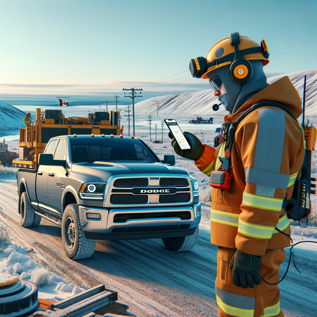 A construction worker, in safety gear suitable for the cold, communicates with the rental agency's support team on a smartphone, standing next to the rented Dodge Ram 2500 on a construction site with Inuvik's natural landscape visible in the background.